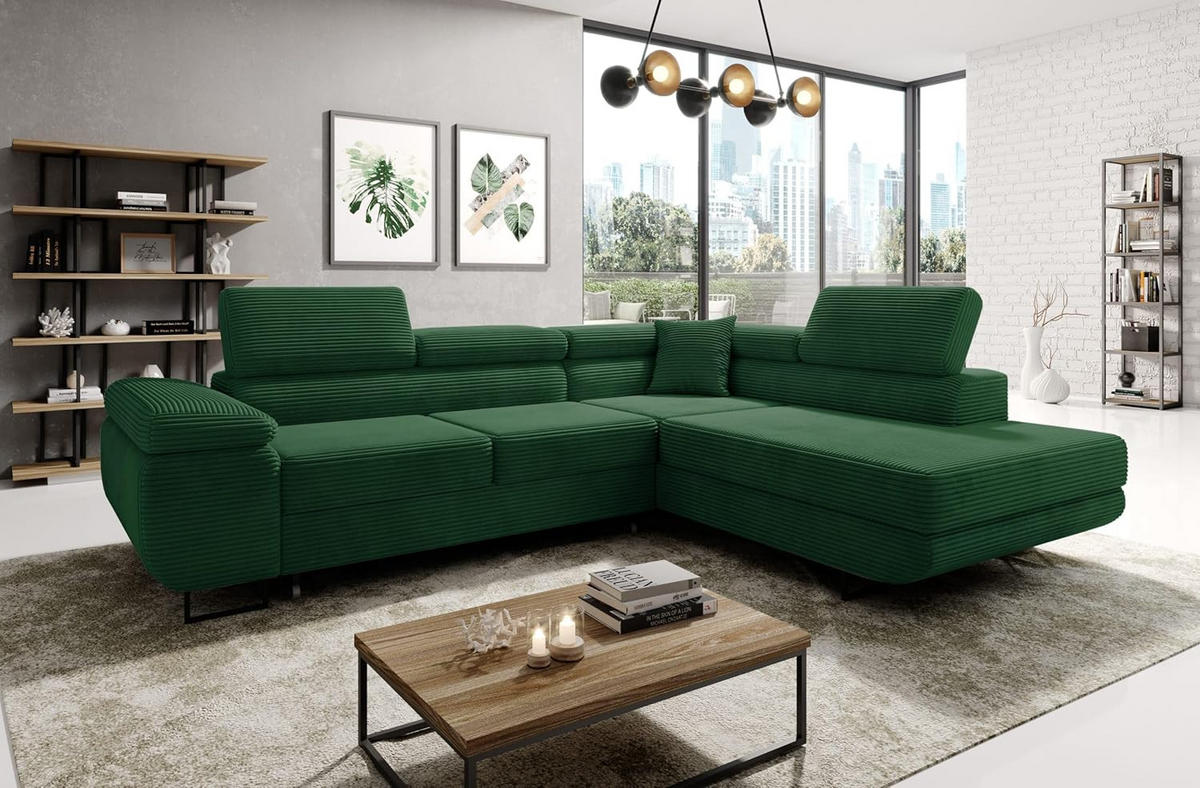 ECKSOFA ASTORP, Sofa aus Cord Grün - Poso 14 - Waldgrün/Dunkelgrün, Textil/Metall (277/203cm) - Moderno Meble