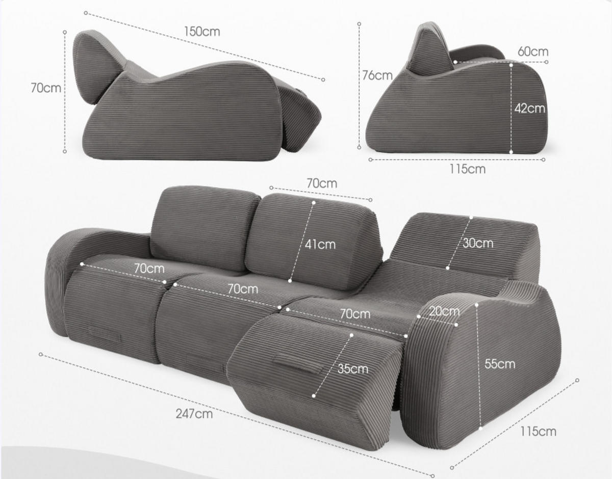 ECKSOFA 247/115/76 cm Grau mit Schlaffunktion - Grau, Textil (115/247cm) - Oxeza