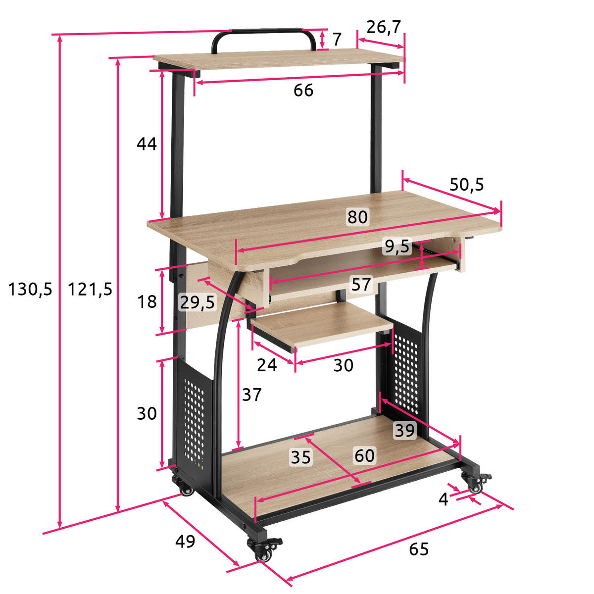 SCHREIBTISCH Fife,80 x 65,5 x 130,5 cm,Industrial Holz hell, Eiche Sonoma - Naturfarben, Holzwerkstoff (80/65.5/130.5cm) - tectake