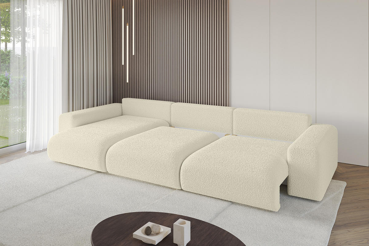 ECKSOFA Ottomane links ESKAR-L 364x176x84 Creme Bouclé - Creme/Schwarz, Holzwerkstoff/Kunststoff (364/176cm) - ALTDECOR