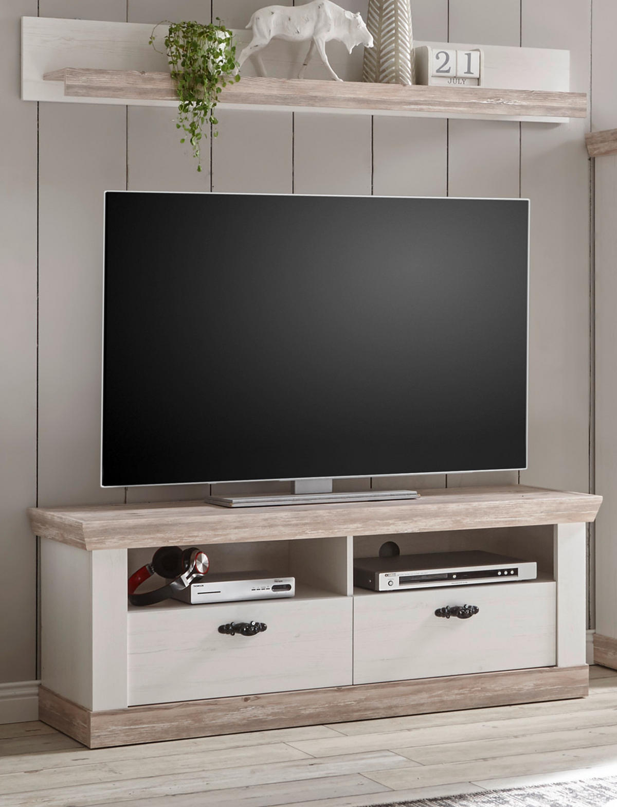 TV-LOWBOARD Pinie weiß, Oslo Pinie Landhaus, TV-Unterteil, 134 x 51 cm - Anthrazit/Weiß, Holzwerkstoff/Metall (134/51/44cm) - Furn.Design