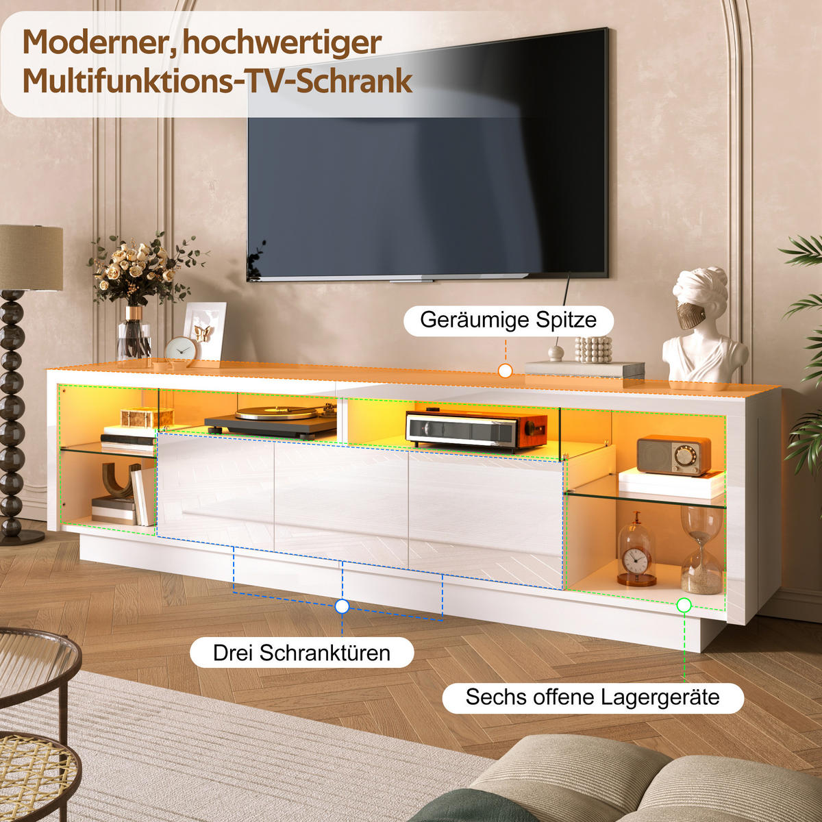 TV-SCHRANK 200/38/55 cm Weiß Hochglanz mit LED-App und 3 Türen - Weiß, Holzwerkstoff (200/55/38cm) - Oxeza