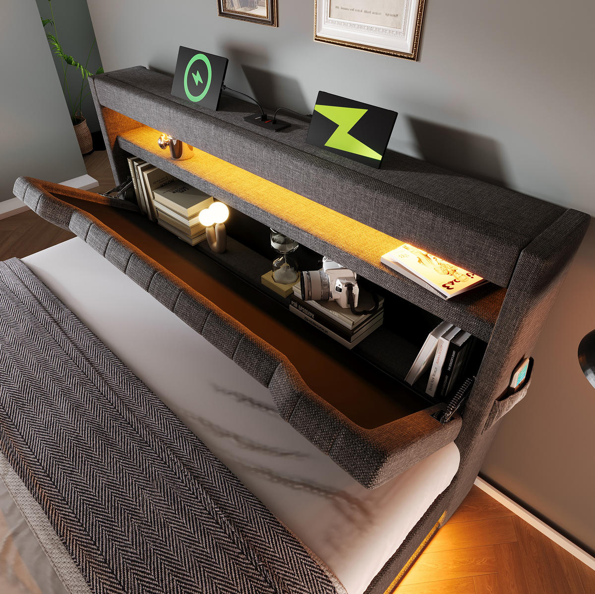 POLSTERBETT 140/190 cm Grau aus Leinen mit LED und Stauraum - Grau, Textil (140/190cm) - OKMYHOME