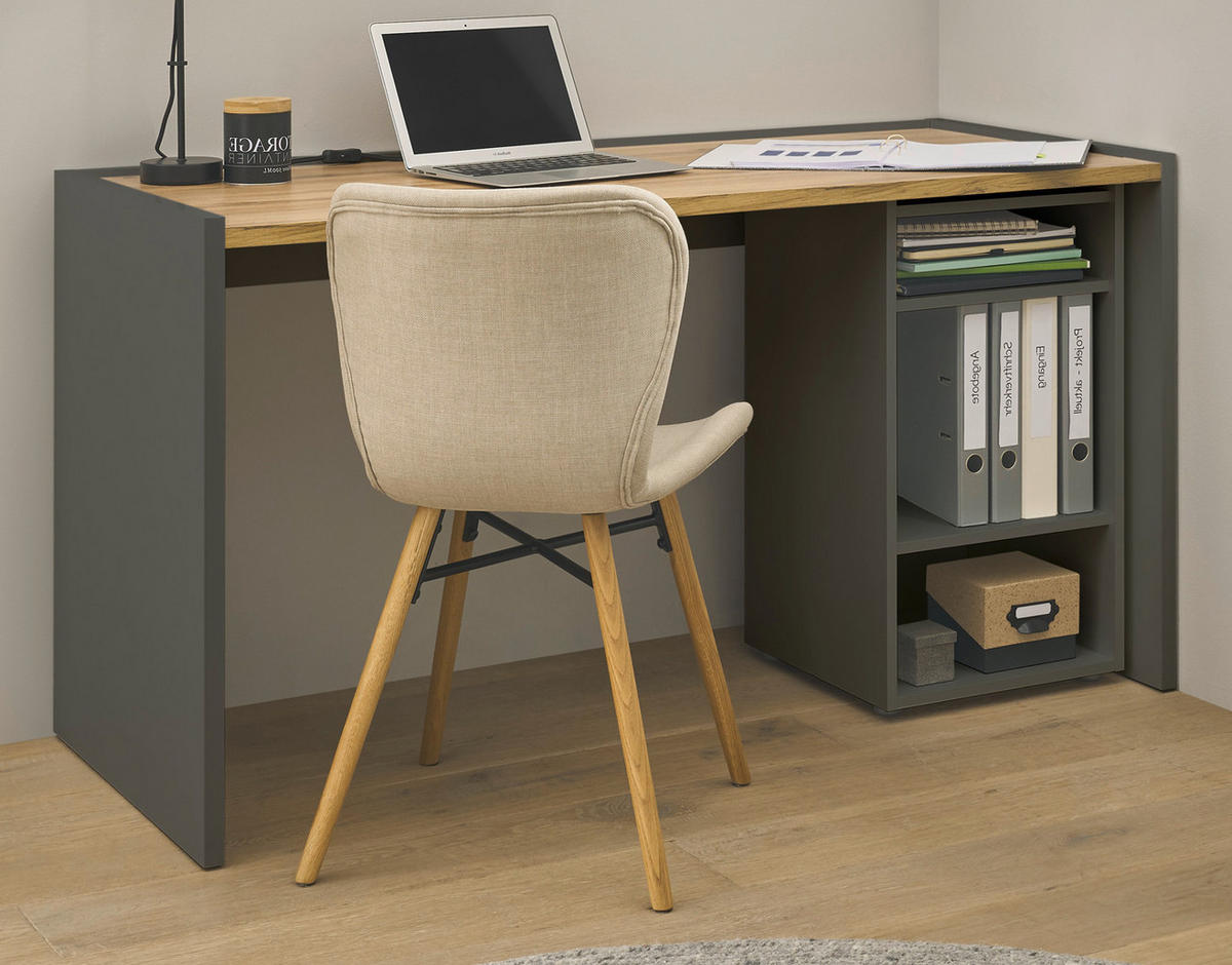 SCHREIBTISCHKOMBINATION 2-teilig grau matt, Eiche Wotan 143 cm, Büromöbel Set mit Bürocontainer - Eiche Wotan/Schwarz, Holzwerkstoff/Kunststoff (62/143/76cm) - Furn.Design