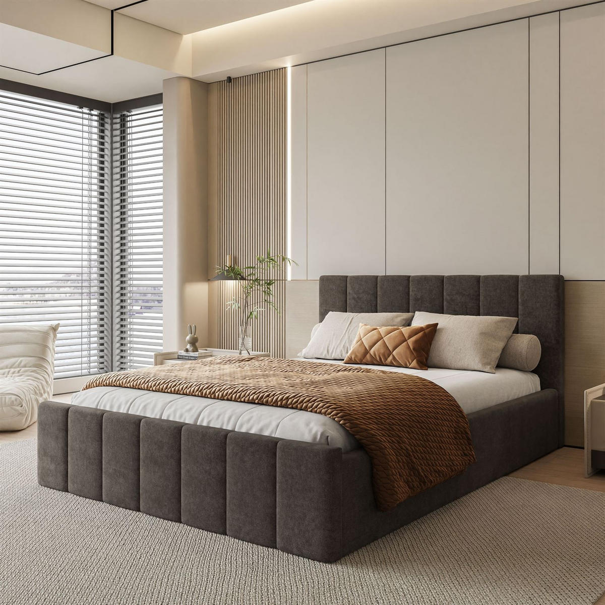 POLSTERBETT ELISE 90x200 cm Boston Brown, Kopfteil 95 cm, 17 Holzlatten - Braun, Textil (90/200cm) - Lookway