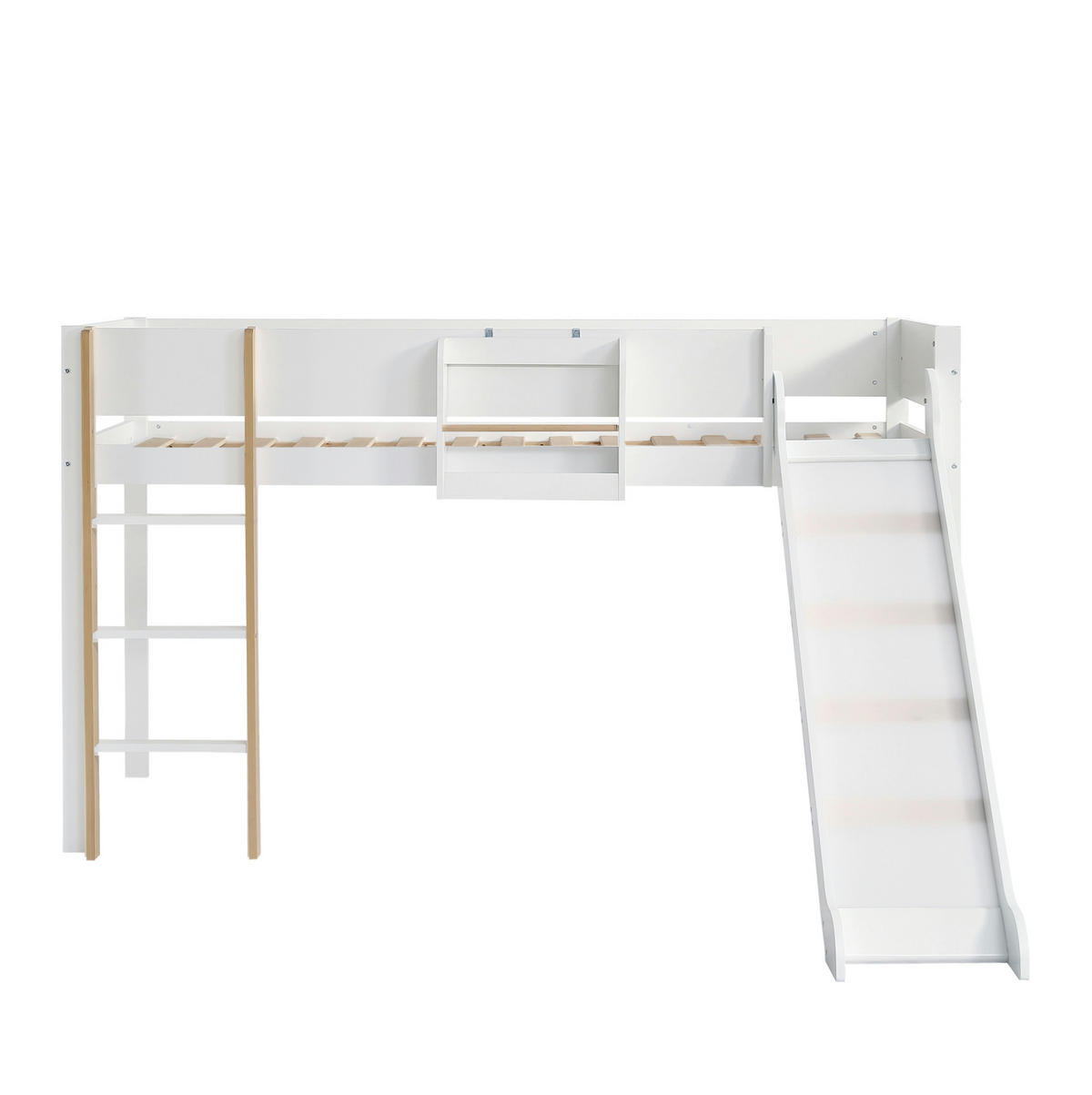 HOCHBETT 90/200 cm in Weiß/Natur – mit Rutsche, Leiter und Rausfallschutz - Weiß, Holzwerkstoff (90/200cm) - BEAOK