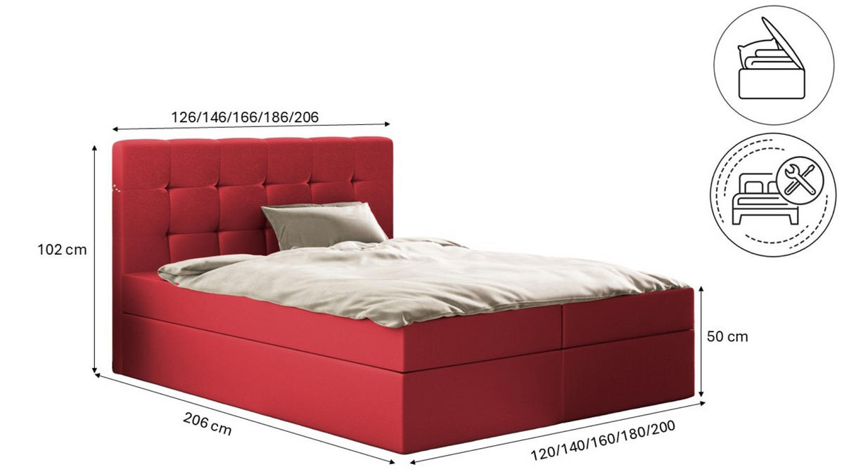 BOXBETT Mit Matratze Und Bettkasten, LUDANO Stoff Cayenne Rot 180x200 cm H2-Pocket - Rot, Holz (180/200cm) - Kaiser Möbel