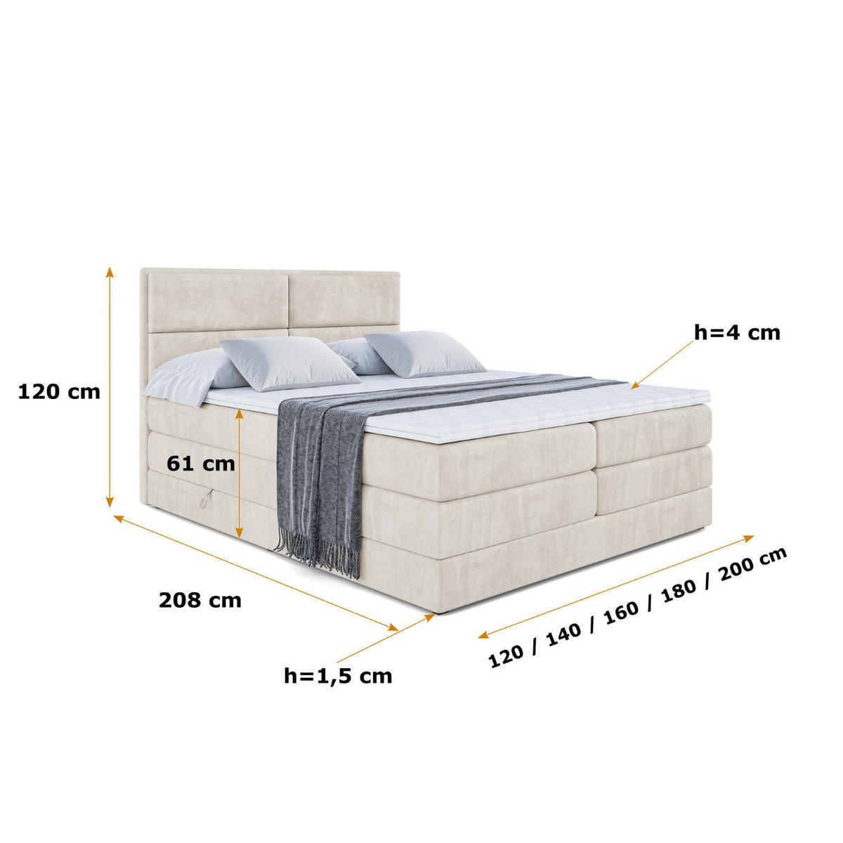 BOXSPRINGBETT AURA KING - 120 x 200 - H3/H4 - Ecru - Ecru, Holzwerkstoff (120/200cm) - ALTDECOR