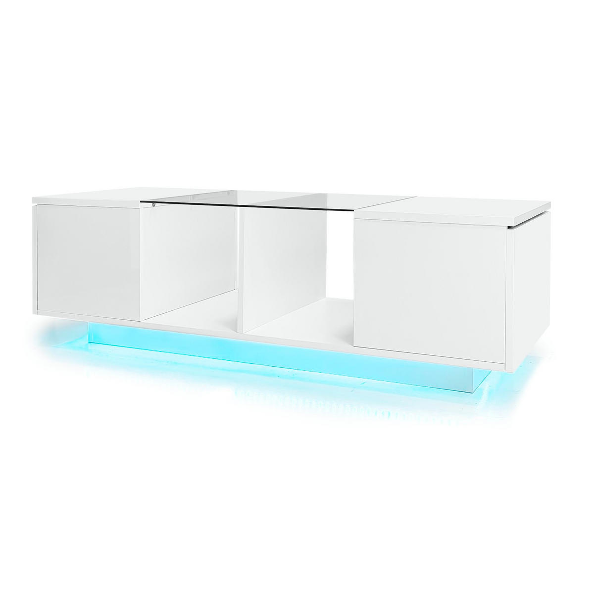 KONFERENČNÍ stolek ze skla a MDF, 120/50/38,5 cm bílý, s LED osvětlením a úložným prostorem - bílá, kompozitní dřevo (120/50/38.5cm) - BEAOK