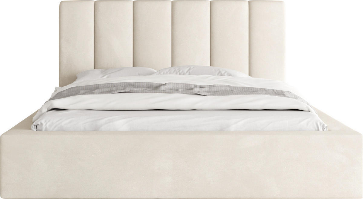 POLSTERBETT Amira mit Bettkasten, Creme Samt 120x200 cm - Beige/Birkefarben, Holz/Holzwerkstoff (120/200cm) - WFL GROUP