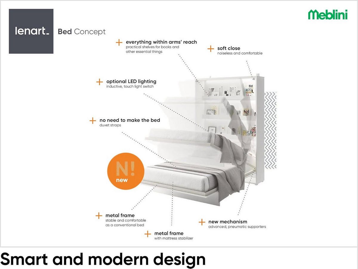 SCHRANKBETT BC-06 - 90x200cm Horizontal - Kaschmir mit Matratze - Kaschmir, Holzwerkstoff (200/90cm) - Meblini