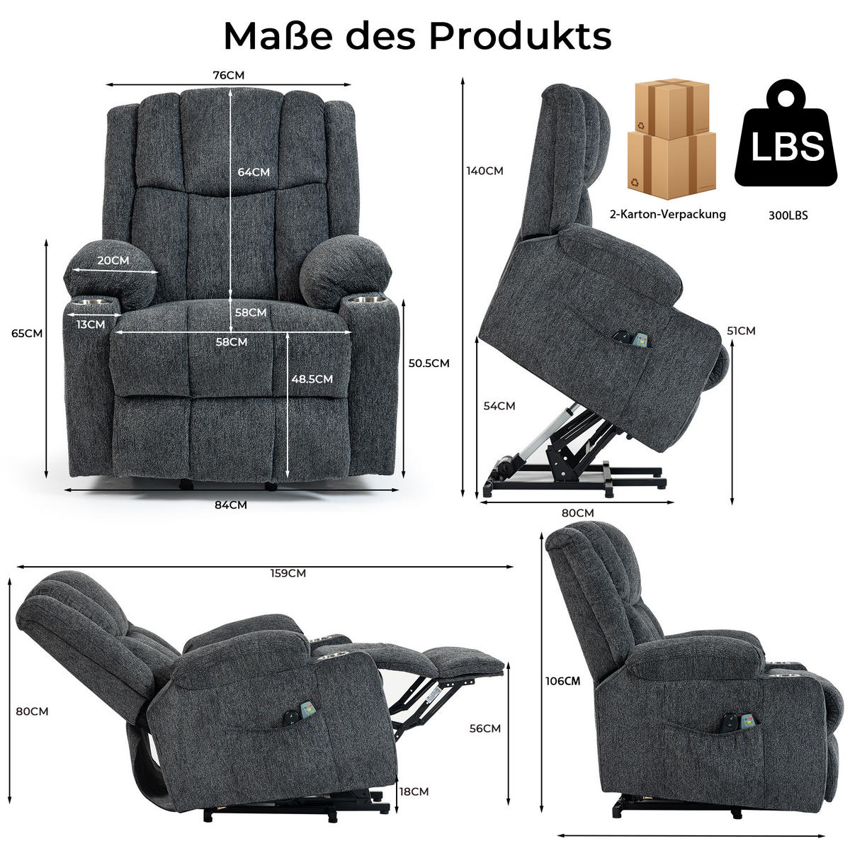 RELAXSESSEL elektrisch mit Aufstehhilfe und Fußteil in Dunkelgrau - Dunkelgrau, Textil (84/106/91cm) - BEAOK