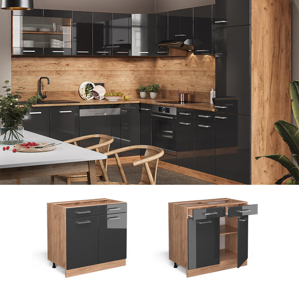 SCHUBLADENSCHRANK R-Line Anthrazit Hochglanz 80 cm AP Marmor - Honigeiche/Schwarz Hochglanz, Holzwerkstoff (80/81.6/60cm) - Vicco