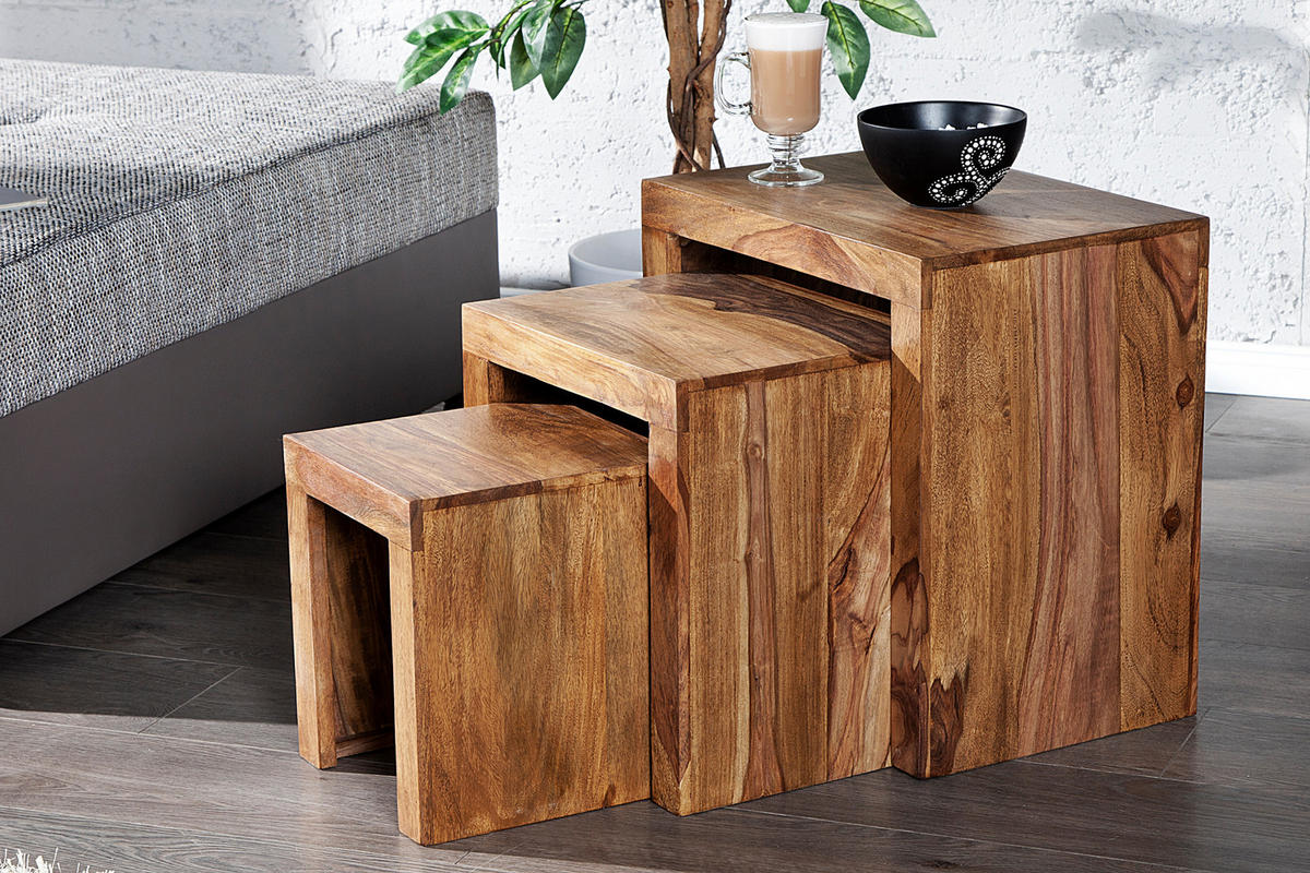 BEISTELLTISCH MAKASSAR Sheesham Natur 45 cm 3er Set - Braun, Holz (30/45/45cm) - riess-ambiente