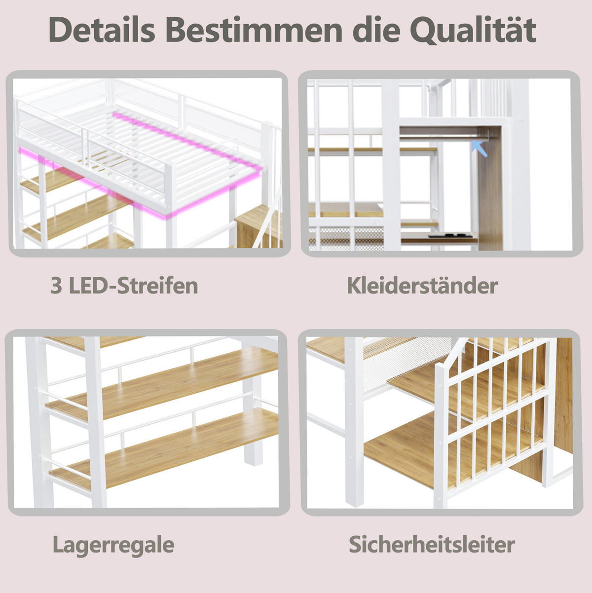 HOCHBETT 90/200 cm aus Metall mit Schreibtisch, Weiß - Weiß, Metall (90/200cm) - OKMYHOME