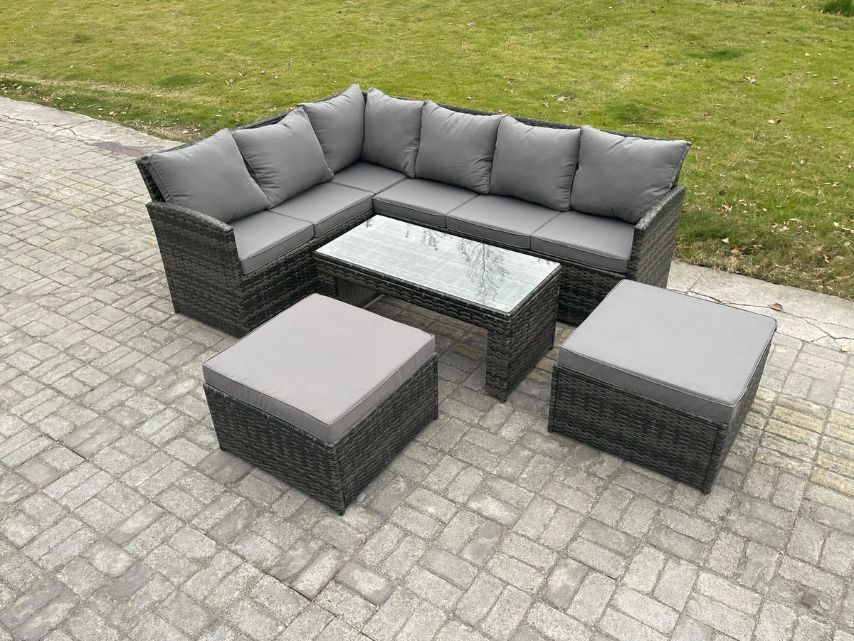 SITZGRUPPE mit Ecksofa,Länglicher Couchtisch ,2 Hockern Polyrattan 8-Sitzer - Dunkelgrau/Grau, Glas/Kunststoff - Fimous