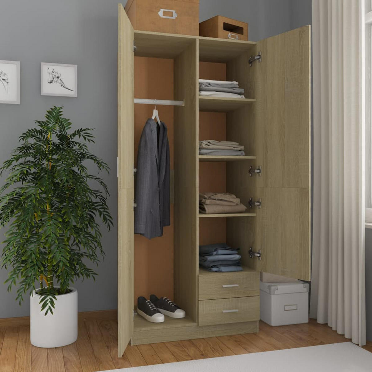 KLEIDERSCHRANK 2-Türig mit 2 Schubladen 80/52/180 cm aus Holzwerkstoff Sonoma-Eiche Dekor - Sonoma Eiche, Holz (80/180/52cm) - vidaXL