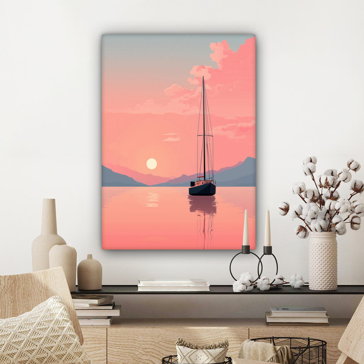 LEINWANDBILD Segelboot - Rosa Meer - Sonnenuntergang - Berge Wandbild Wohnzimmer 60x80 cm - Rosa, Textil (60/80cm) - MuchoWow