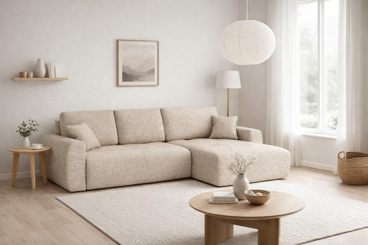 ECKSOFA Mit Schlaffunktion Und Bettkasten L-Form Ivo XL, Chenille-Stoff Artico, Beige, Rechts - Beige, Holz (280/142cm) - Kaiser Möbel