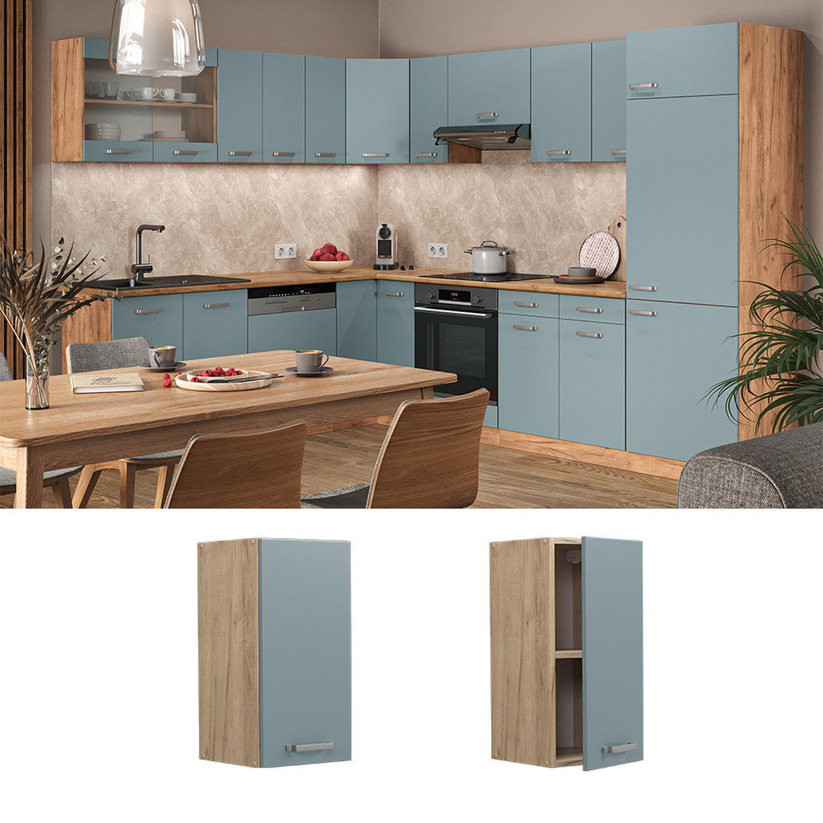 HÄNGESCHRANK R-Line Blau-Grau 30 cm - Honigeiche/Eiche Wotan, Holzwerkstoff (30/60/31cm) - Vicco