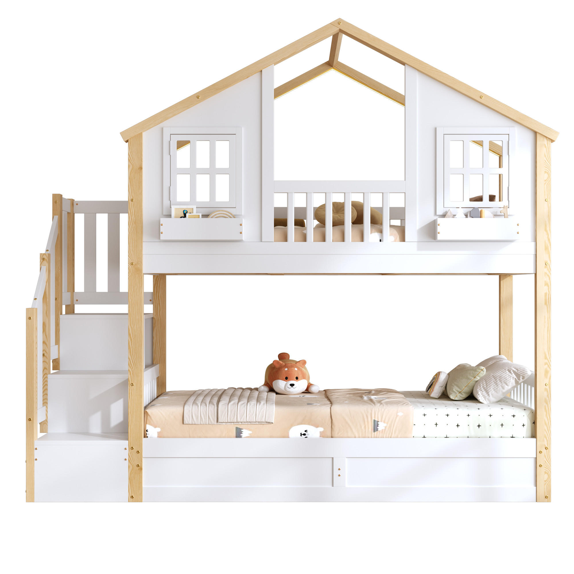 HAUSBETT 90/200 cm aus Kiefer mit Stauraumtreppe und LED-Beleuchtung - Weiß, Holzwerkstoff (90/200cm) - BEAOK