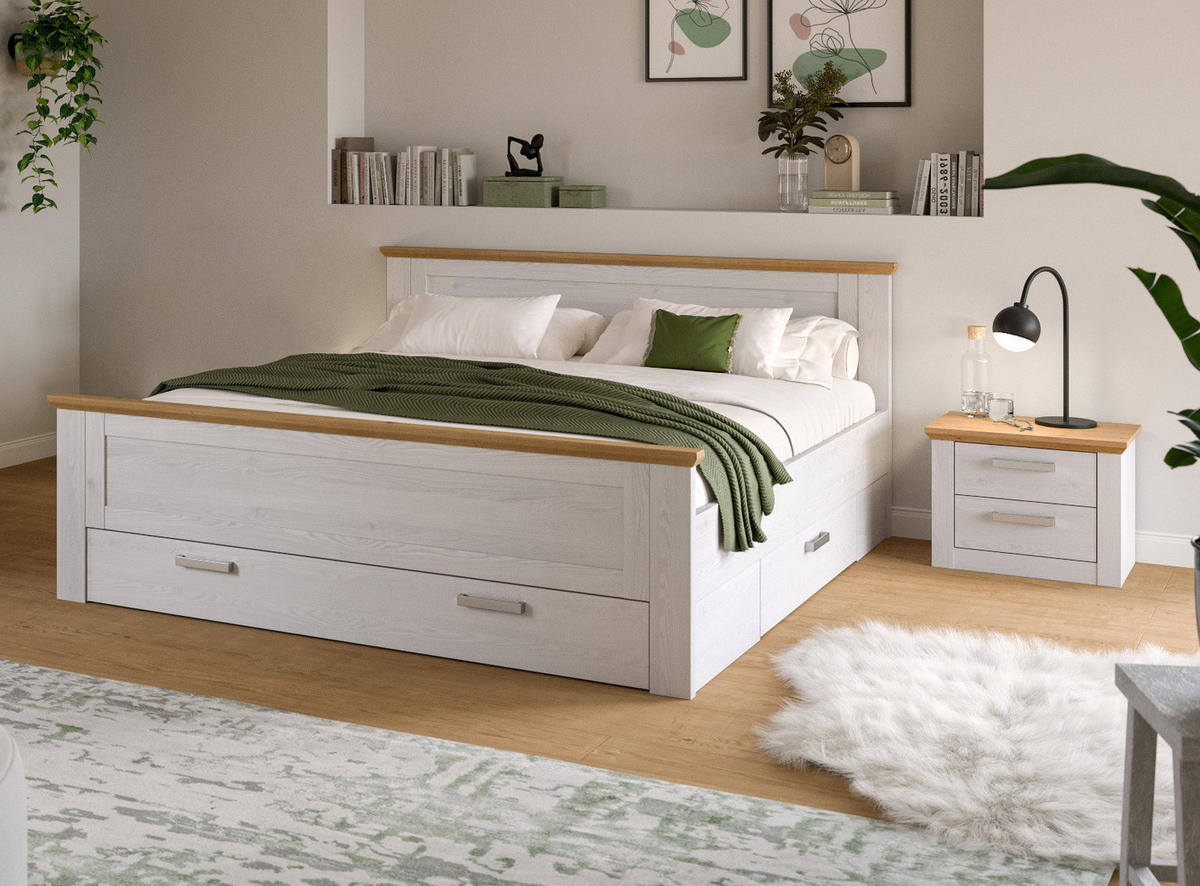SCHLAFZIMMER weiß Lärche, Eiche Artisan Landhaus Set mit Bett inklusive Bettschubkästen, Nachttisch - Eichefarben/Silberfarben, Holzwerkstoff/Kunststoff (180/200cm) - Inn.Furn