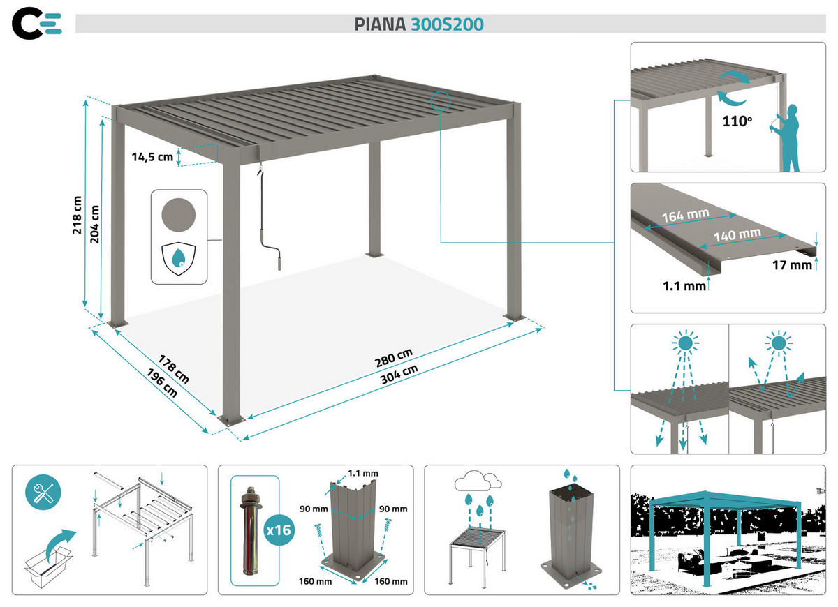 PERGOLA BIOKLIMATISCHE SELBSTTRAGENDE Piana Taupe 3x2m Aluminium - Taupe, Metall (304/218/196cm) - Cazeboo