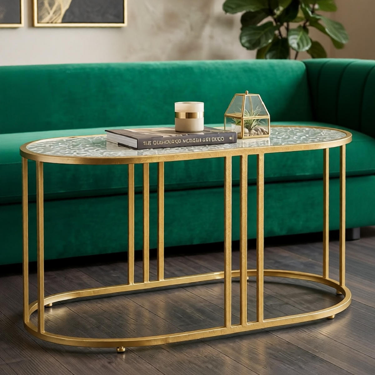 COUCHTISCH Antalia, goldfarben, Eisen und Glas, 90 x 50 x 45 cm - Goldfarben, Glas/Metall (50/90/45cm) - Mauro Ferretti