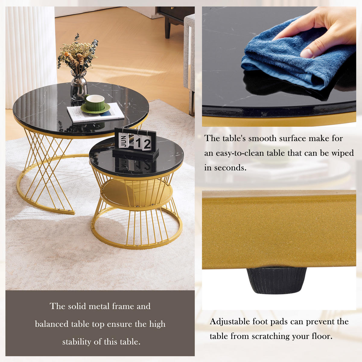 COUCHTISCH Schwarz 2er-Set mit Marmoroptik und goldfarbenem Gestell - Schwarz, Holzwerkstoff (70/70/45cm) - PANGIVO