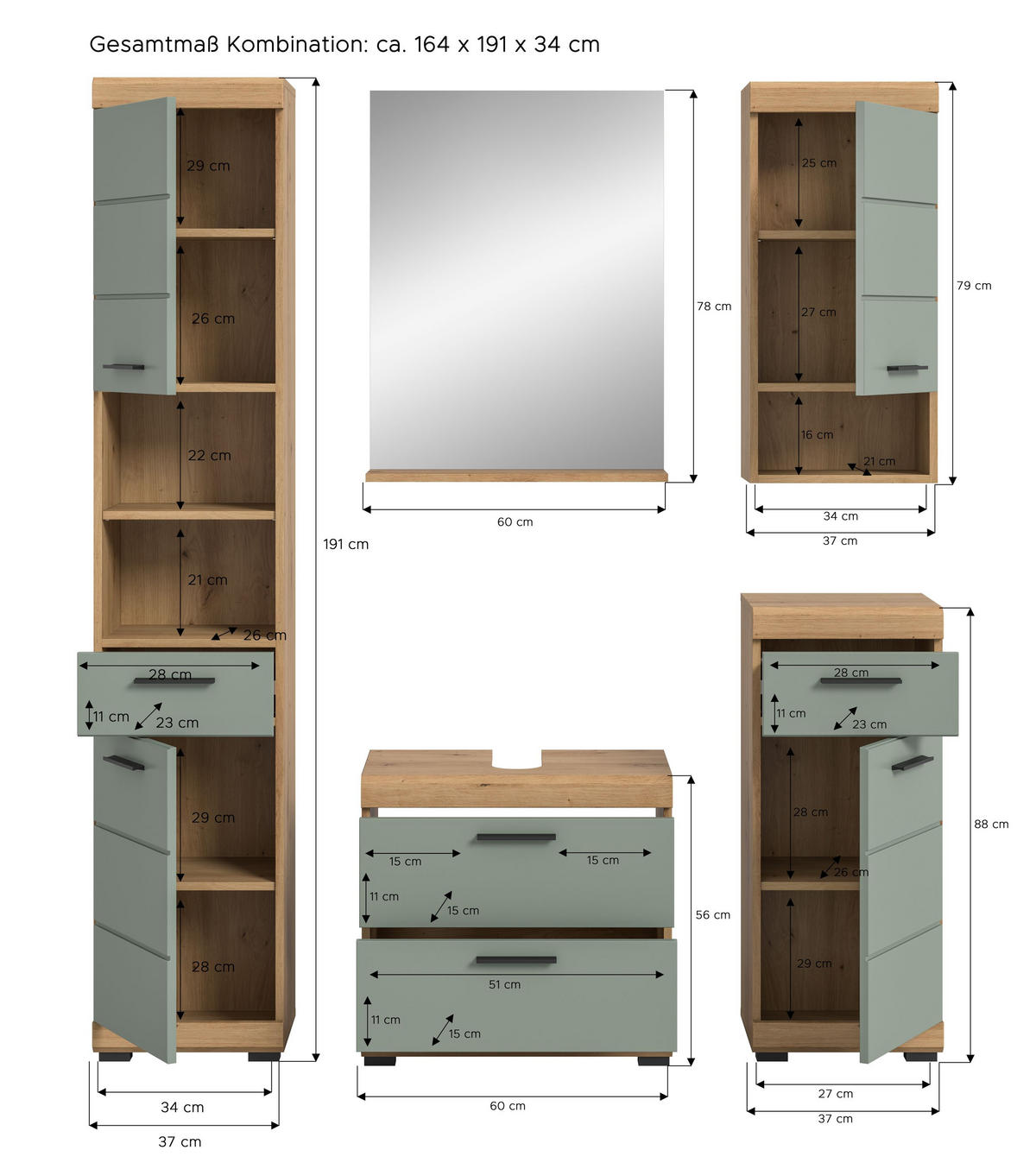 BADKOMBINATION 5tlg. Scout Bad in Artisan Eiche Nachbildung und Salbei Nachbildung B/H/T: 164x191x37 cm - Eiche Artisan, Holz (164/191/37cm)