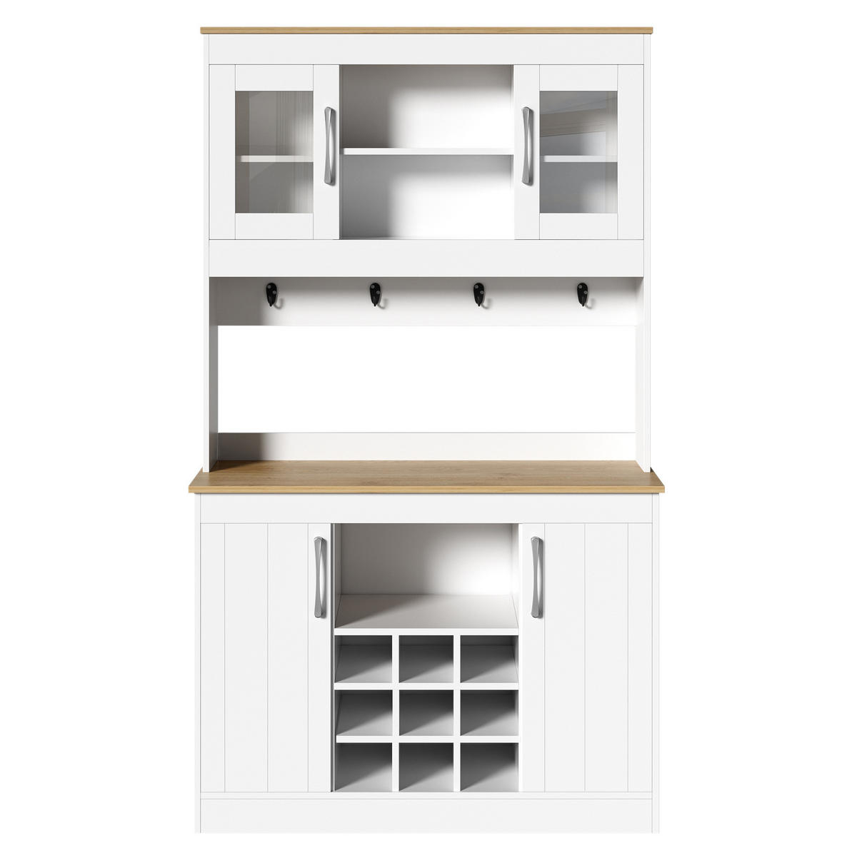 KÜCHENBUFFET aus Spanplatte 106x39x175 cm Weiß und Naturholzfarbe mit Glastüren, Weinregal und Hakenleiste - Weiß, Holzwerkstoff (106/175/39cm) - IVMEU