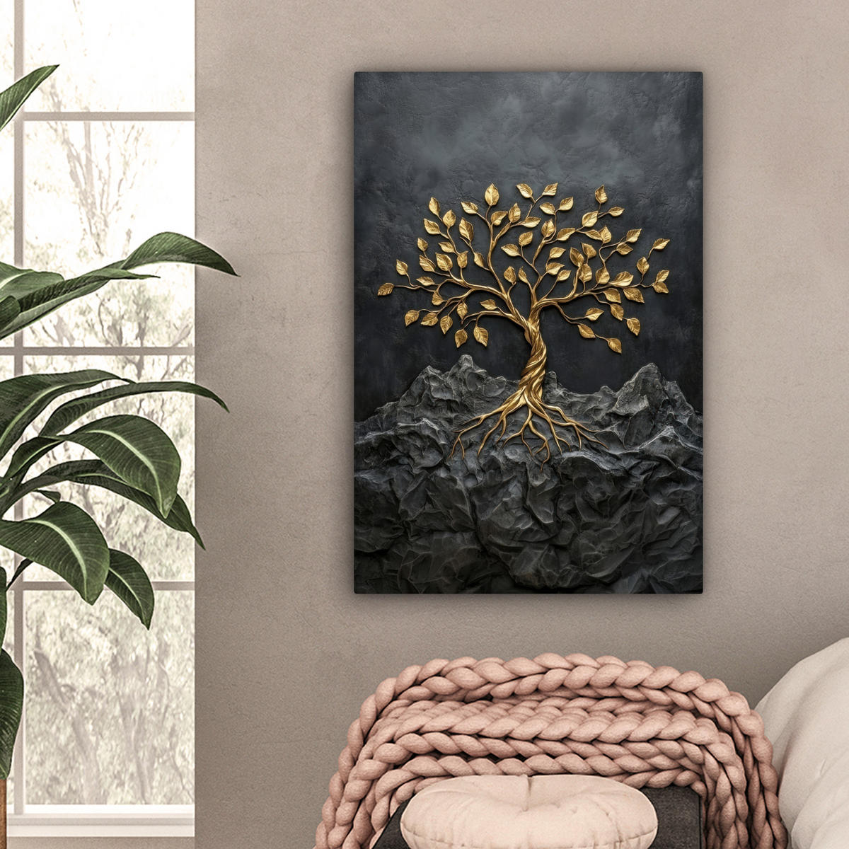 LEINWANDBILD Blätter - Gold - Baum - Fels Wanddeko 40x60 cm - Schwarz, Textil (40/60cm) - MuchoWow
