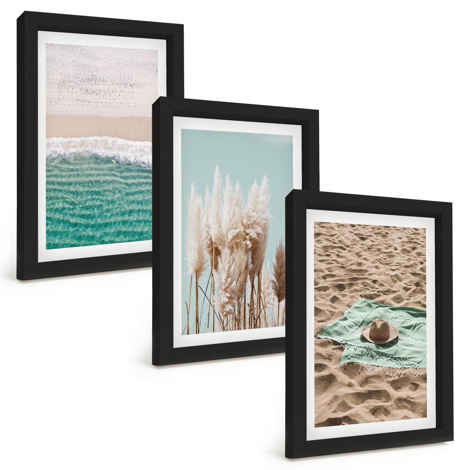 BILDER SET 3er Set - 20x30 cm Schwarzer Rahmen - Strandwellen Grashut - Schwarz, Kunststoff (20/30cm) - TULUP