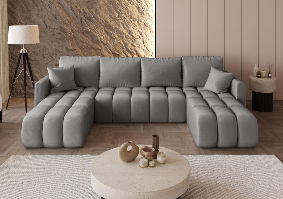 SEDACÍ souprava GARDA tvar U světle šedá samet Monolith 84 - funkce spaní, úložný prostor - světle šedá, textil (305/88/150cm) - Cornero