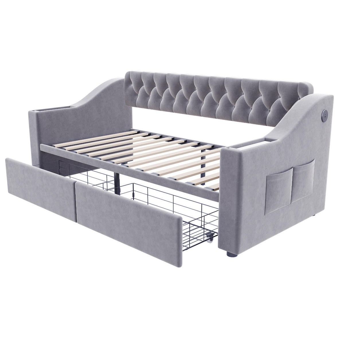 POLSTERBETT 90/190 cm Hellgrau mit Stauraumschubladen und USB - Hellgrau, Textil (90/190cm) - MIVRAY