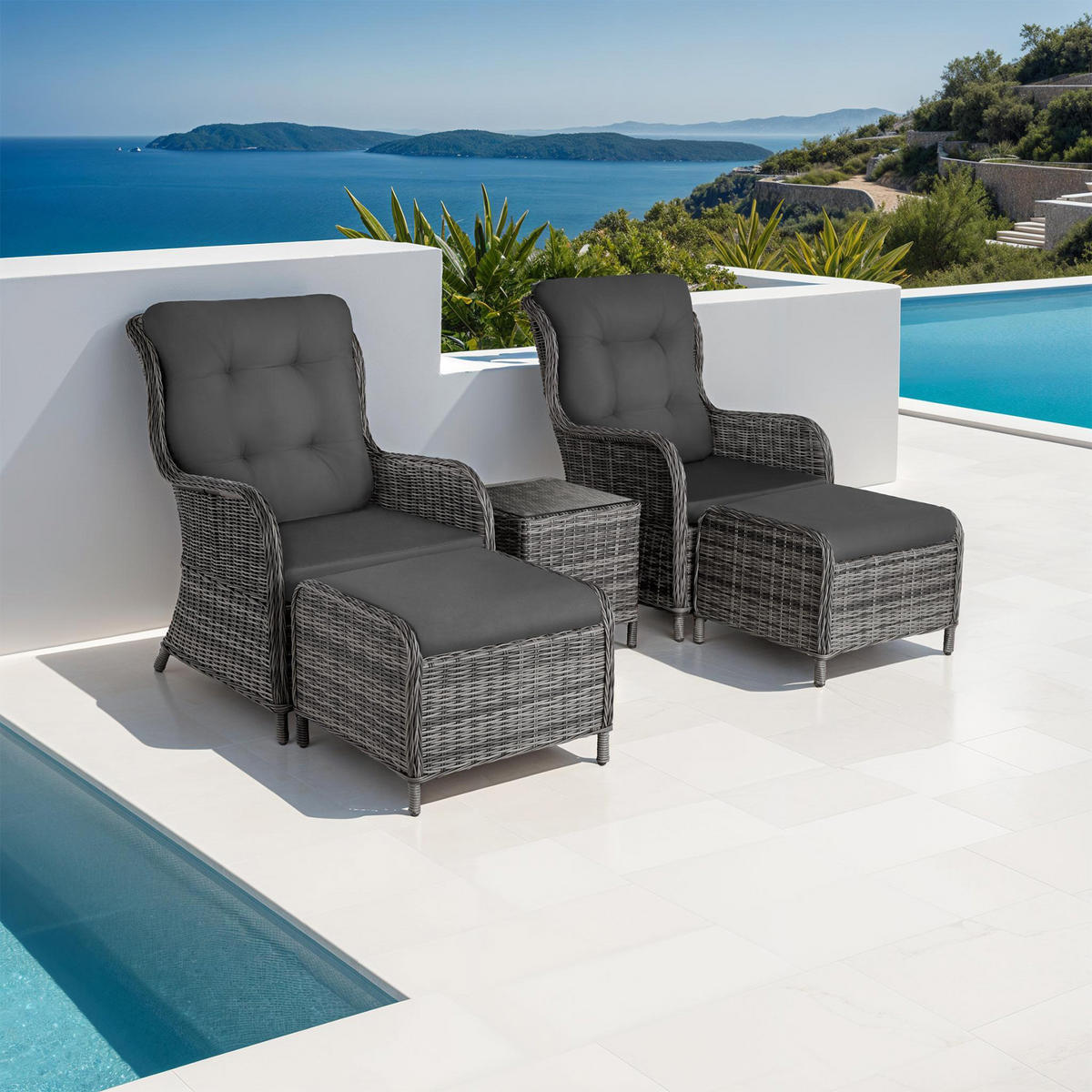 RATTAN SITZGRUPPE Benissa,mit Sicherheitsglasplatte,grau-meliert/grau - Grau, Kunststoff - tectake