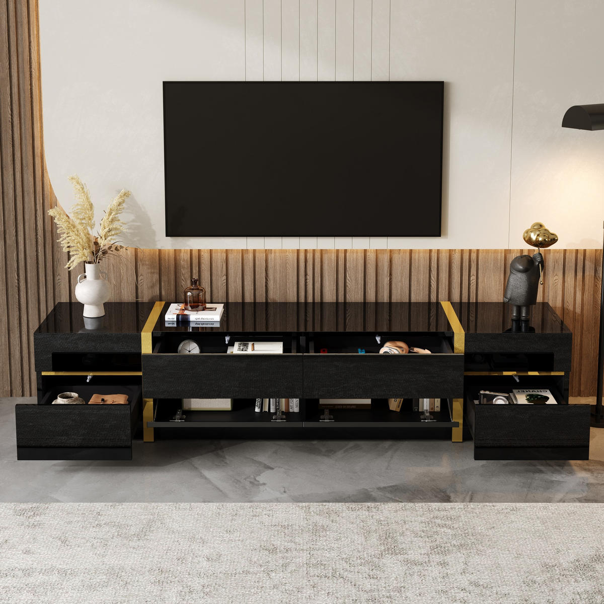 TV-SCHRANK Lowboard Hochglanz Goldkante Türen Schubladen - Schwarz, Holz (180/38/40cm) - LEBENLANG