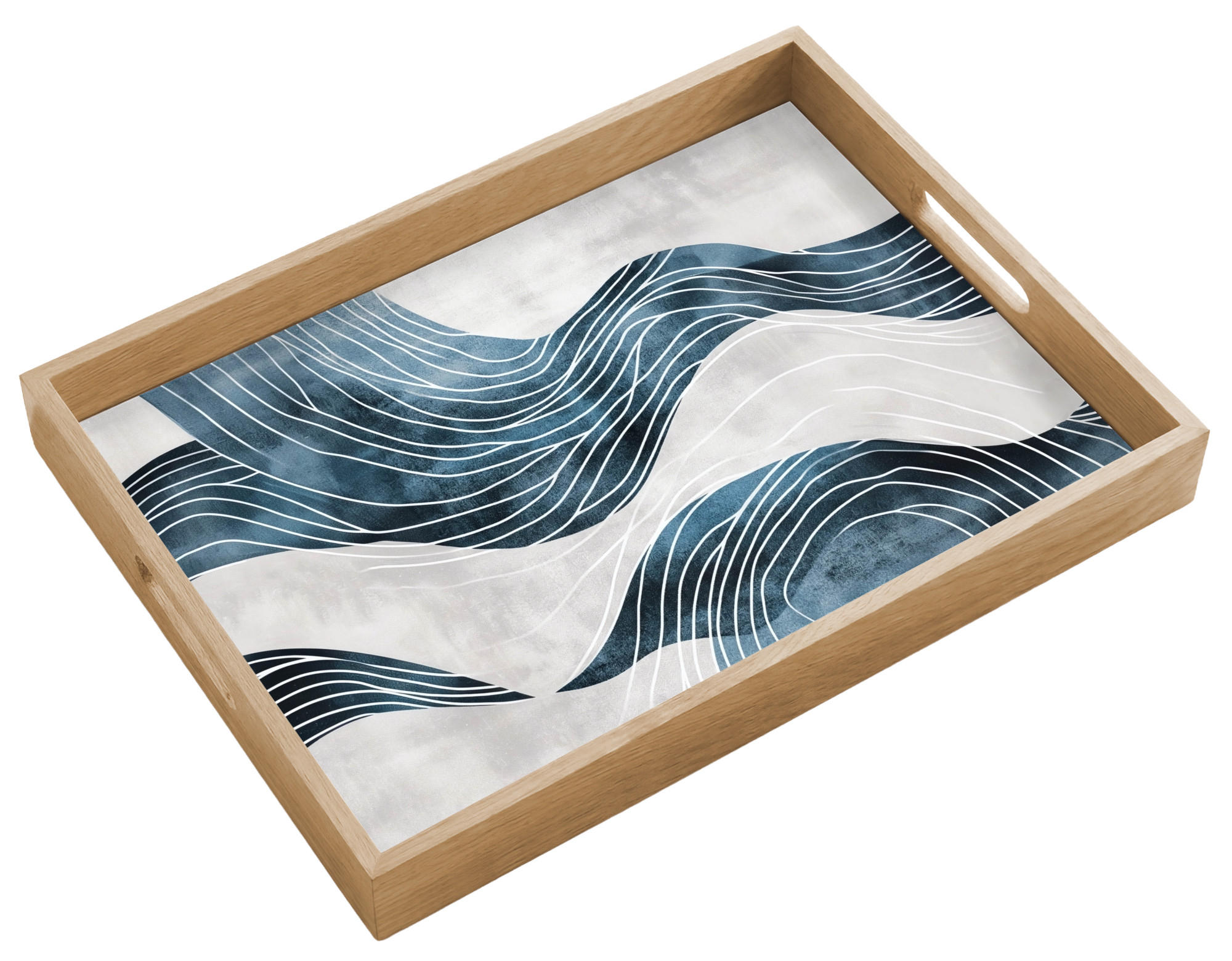 SERVÍROVACÍ PODNOS Čáry - vlny - abstraktní - šedá 50x35 cm - modrá, dřevo (50/5/5cm) - OnlyWow