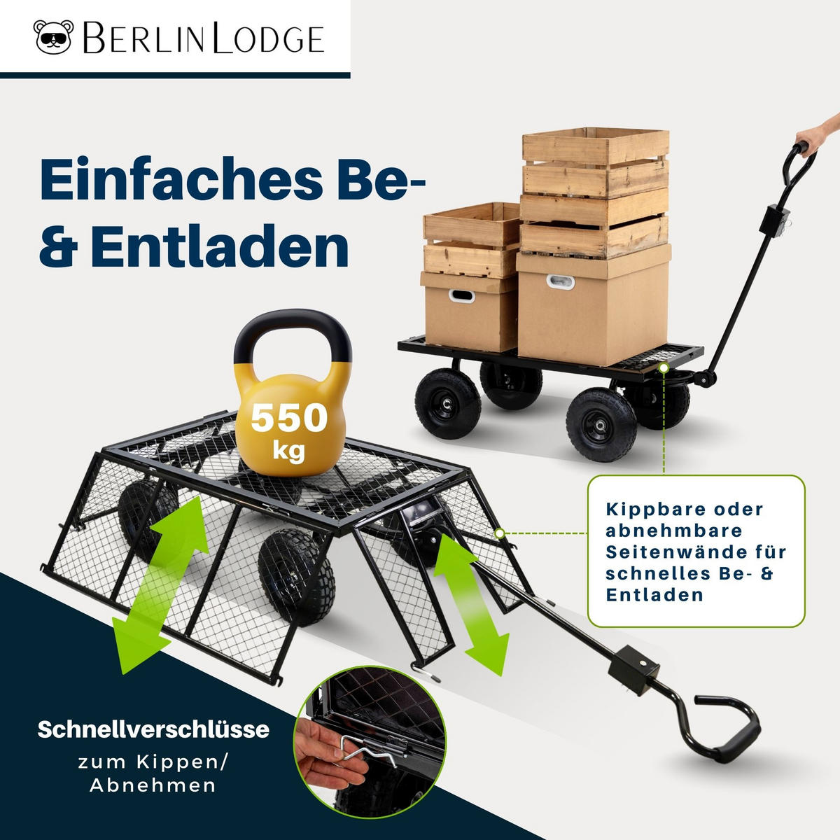 BOLLERWAGEN All Black 205L 96x53x105cm Traglast 550kg Schwarz - Schwarz, Metall (53/96/105cm) - BERLINLODGE