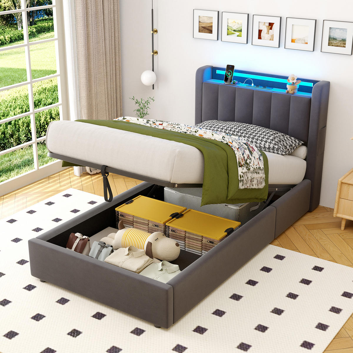 POLSTERBETT 90/200 cm in Grau, mit Bettkasten, Stauraum, USB und LED Beleuchtung, ohne Matratze - Grau, Holzwerkstoff/Textil (90/200cm) - WISHDOR