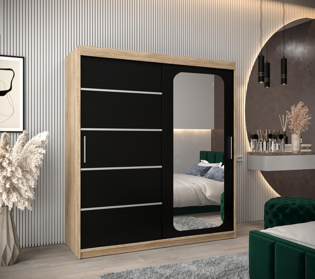 SCHWEBETÜRENSCHRANK 200/180/62 2-türig - Silberfarben/Schwarz, Holz/Kunststoff (180/200/62cm) - Abiks Möbel