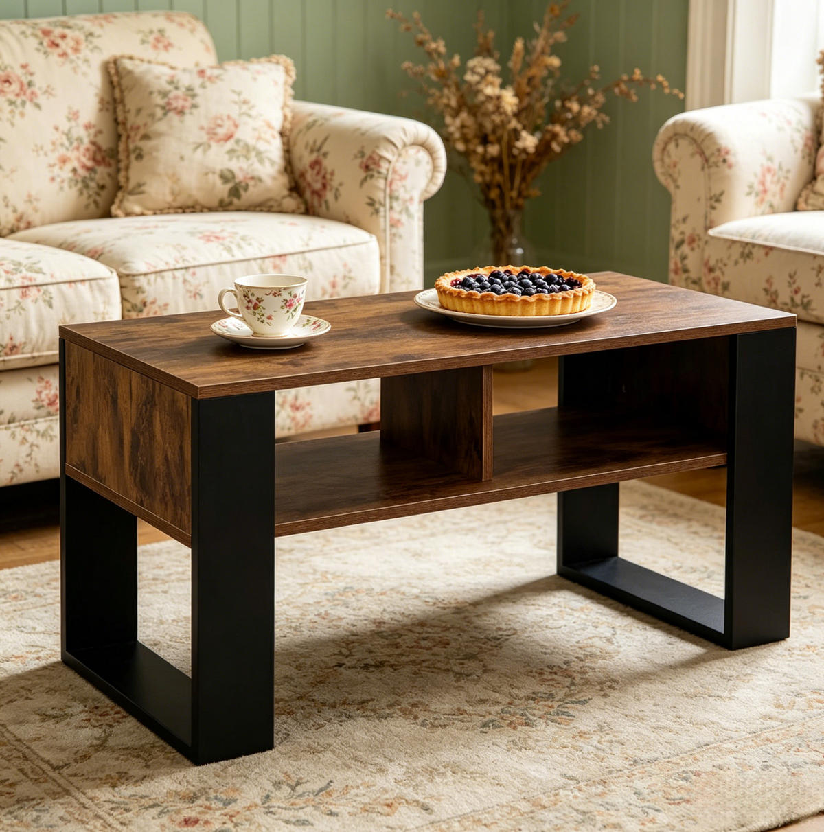 COUCHTISCH aus Holz 90x45x45 cm Schwarz/Rustikalbraun mit 2 offenen Fächern - Schwarz, Holz (90/45/45.5cm) - IVMEU