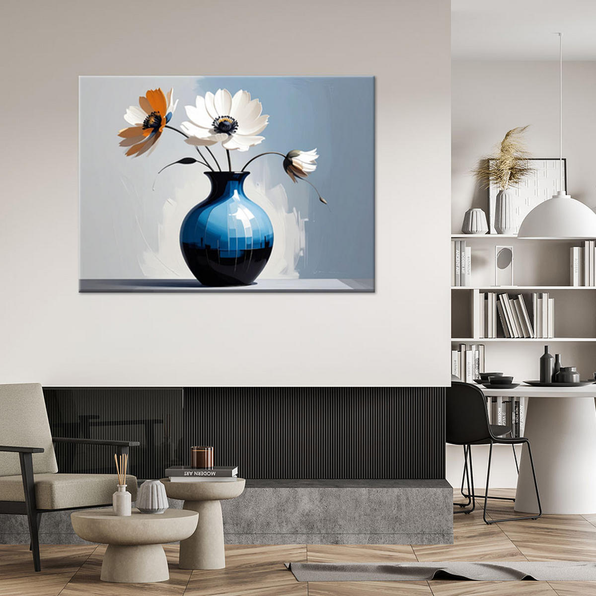 WANDBILD, Weiße Blumen in einer blauen Vase - Blau, Textil (45/30cm) - Feeby