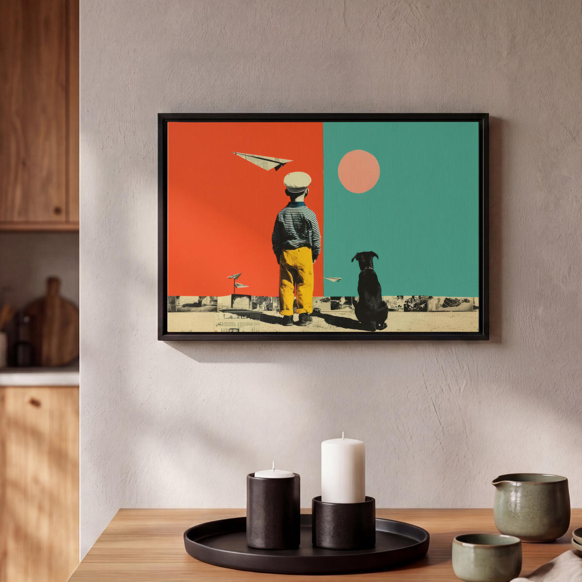 LEINWAND Bilder mit Rahmen - Retro - Junge - Hund - Rot - Grün - 30x20 - Orange, Textil (30/20cm) - MuchoWow