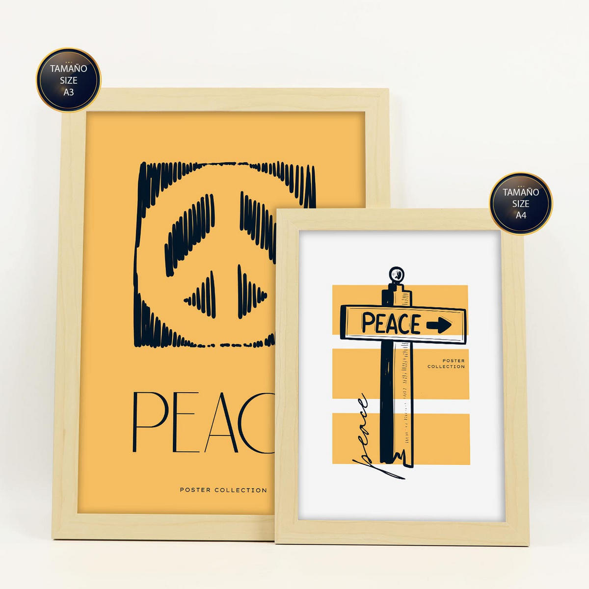 POSTER Set Mit 6 In Schwarzer Tinte Friedenszeichen Kunstdrucke Von Meer Und Ozean Für Innenarchitektur A3 & A4 Rahmen Aus Hellem Holz - Beige, Papier (29/3cm) - Nacnic