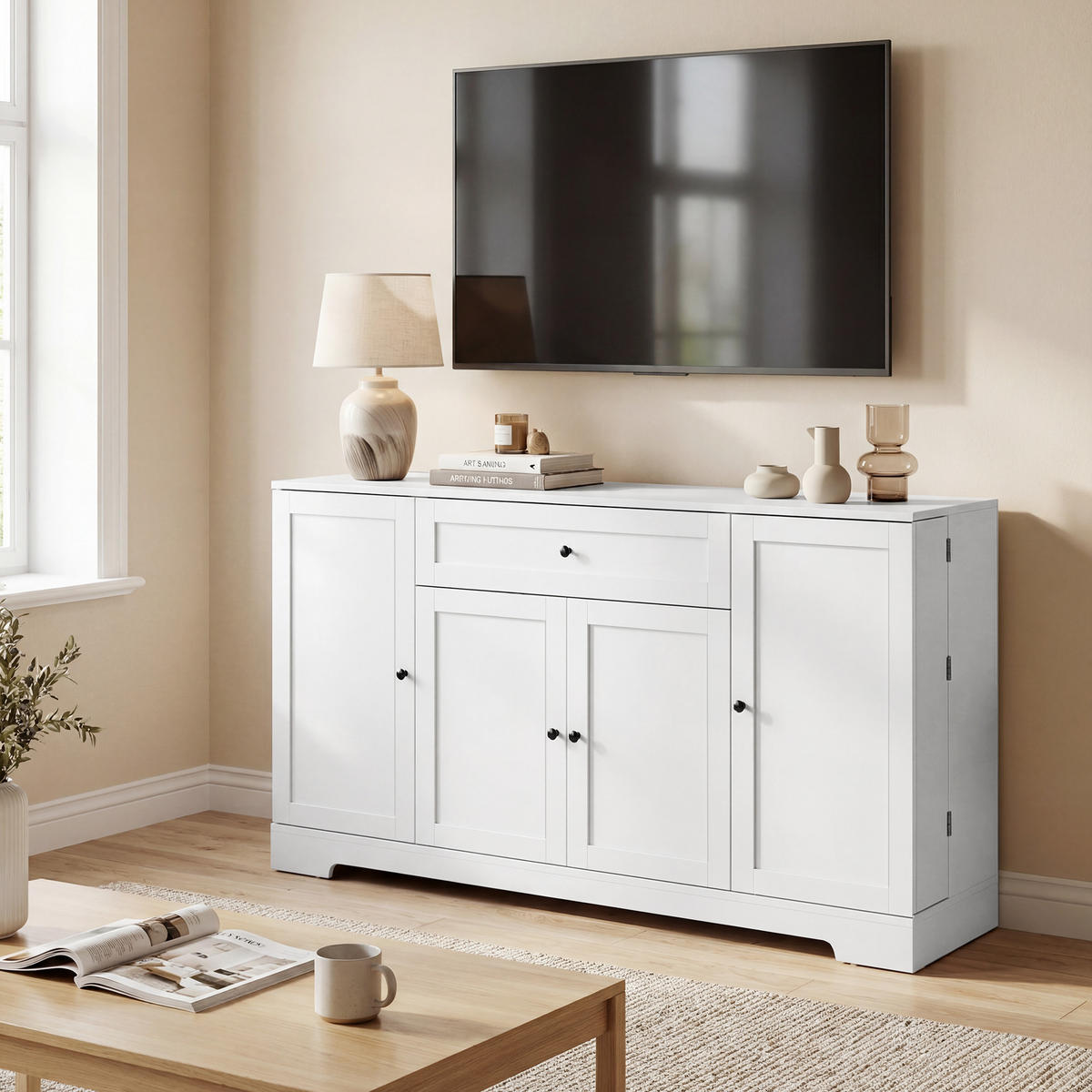 SIDEBOARD DE-11294 1 Schublade, 4 Soft-Close Türen Weiß - Weiß, Holzwerkstoff (140/80/40cm) - ComfortXL