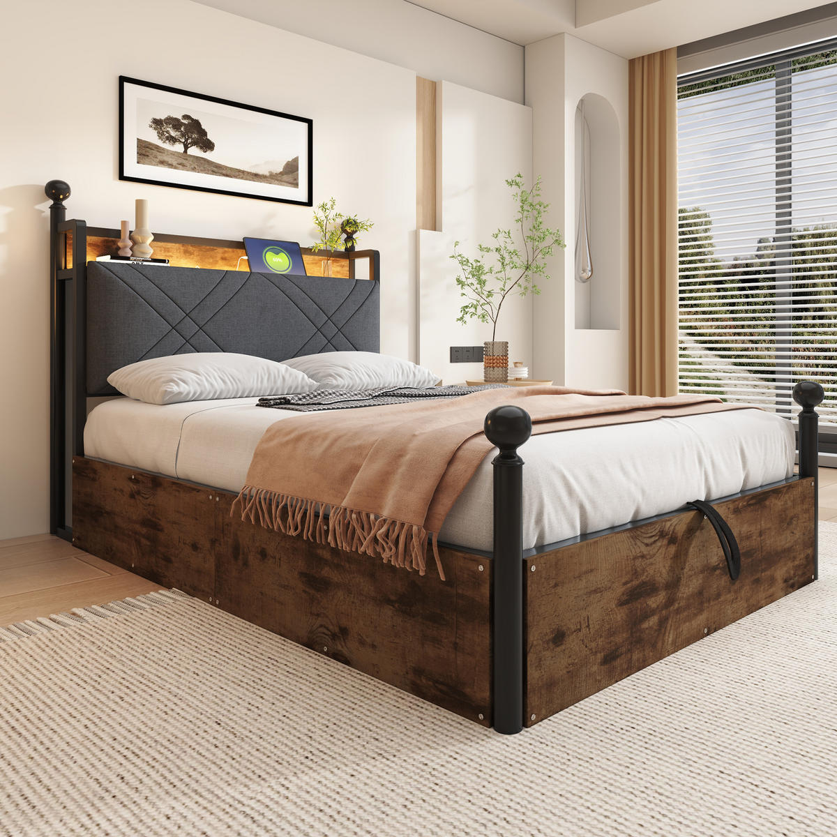 METALLBETT 90/190 cm in Schwarz Himmelbett mit Bettkasten, LED, USB und Type-C - Schwarz, Holzwerkstoff/Metall (90/190cm) - STILVORA