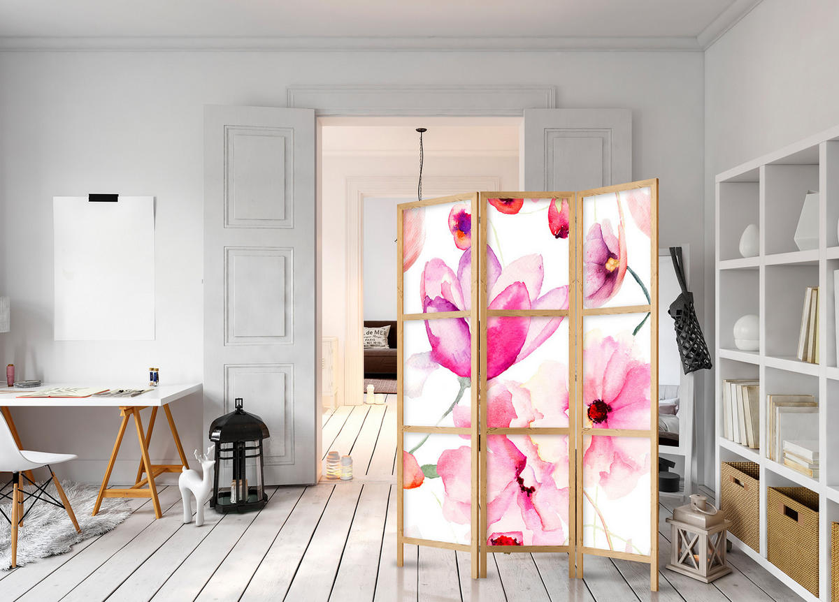 PARAVENT Japanischer 3-tlg 135x172 cm Aquarell Blumen - Rosa, Holz/Textil (135/172/3cm) - Muralo
