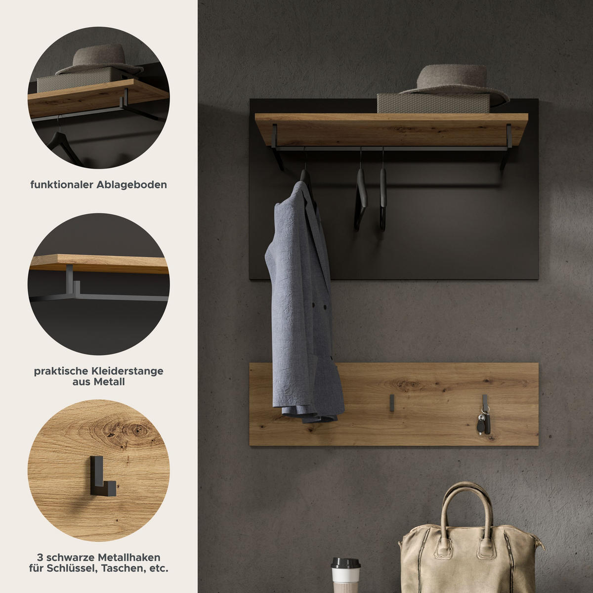 GARDEROBENPANEEL Canu Garderobe in Basalt grau Nb. und Artisan Nb. B/H/T: 80x73x27 cm - Dunkelgrau, Holzwerkstoff (80/73/27cm)