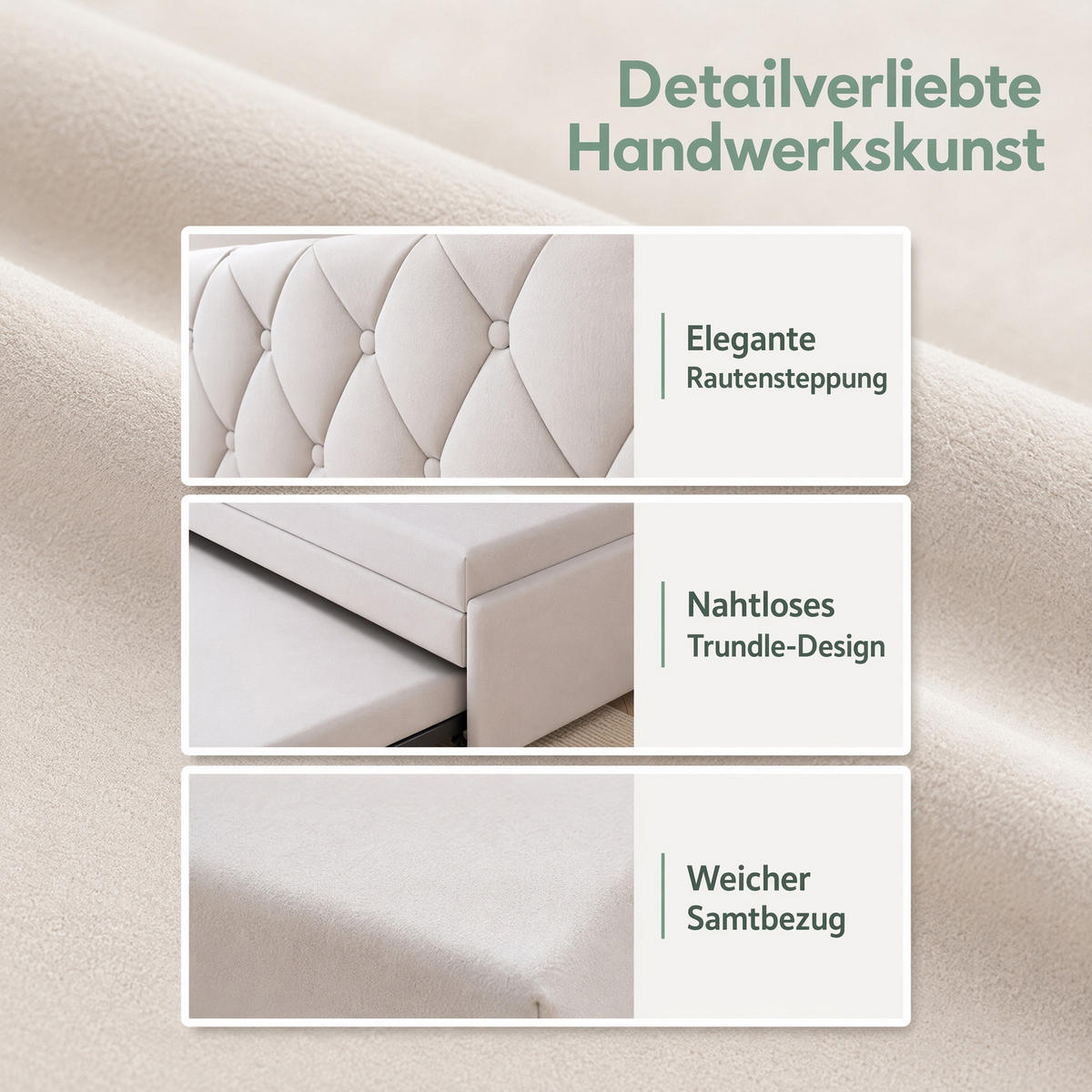 SCHLAFSOFA 2 sitzer, ausziehbar zum Bett 90/180x200, mit Lattenrost, Samt Beige, für das Wohnzimmer - Beige, Holz/Textil (96/70/205cm) - GENKI LIVING